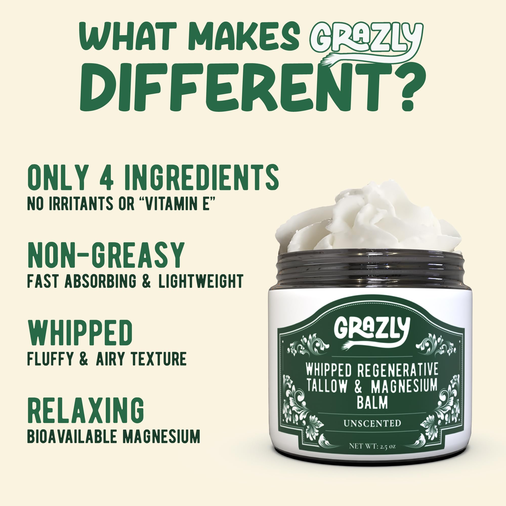 Grazly Whipped Beef Tallow texture closeup shows light, fluffy balm ready for fast absorption.