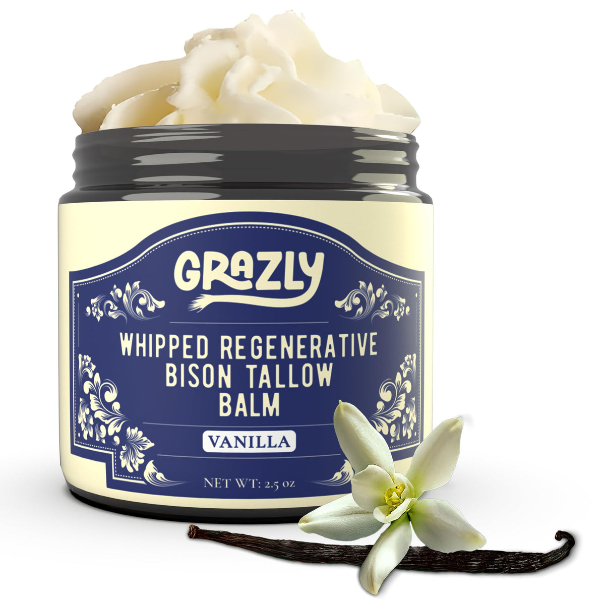 Grazly Whipped Bison Tallow Balm vanilla jar close-up for daily hydration