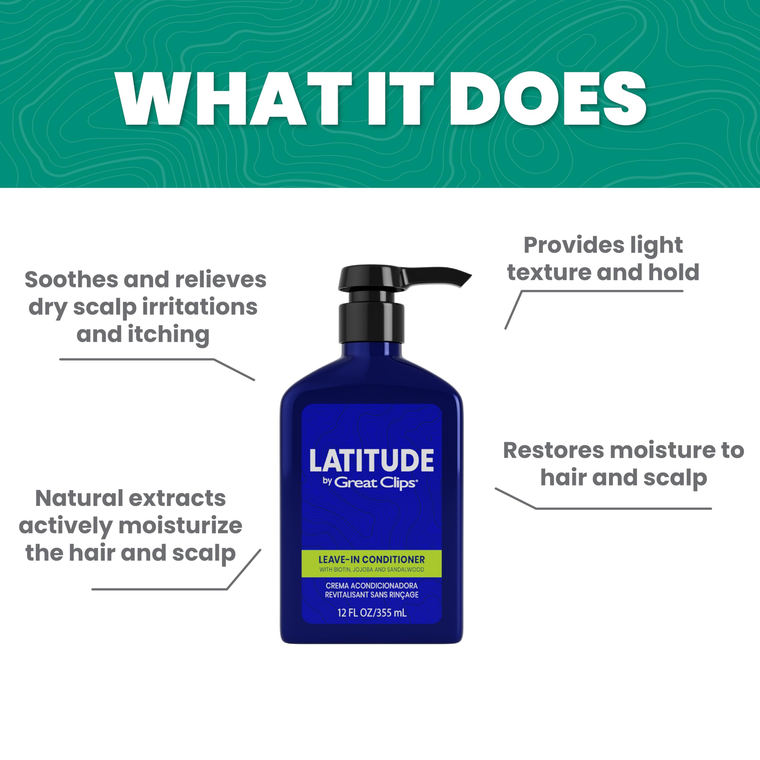 GREAT CLIPS LATITUDE leave-in conditioner hair close-up highlights hydrated, soft strands for dry scalp relief.