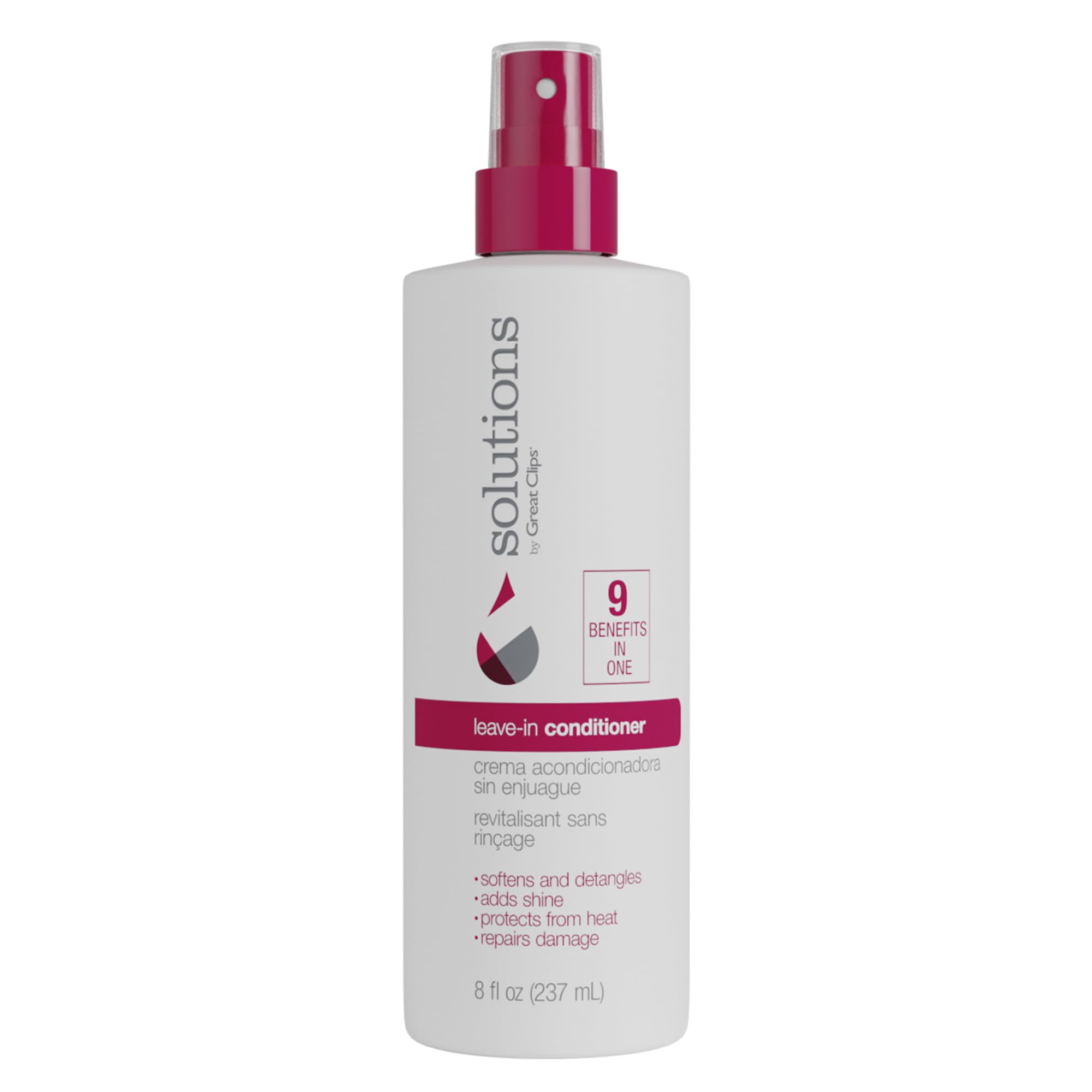 GREAT CLIPS Nourishing Leave-In Conditioner bottle demonstrates lightweight hydration for detangling.