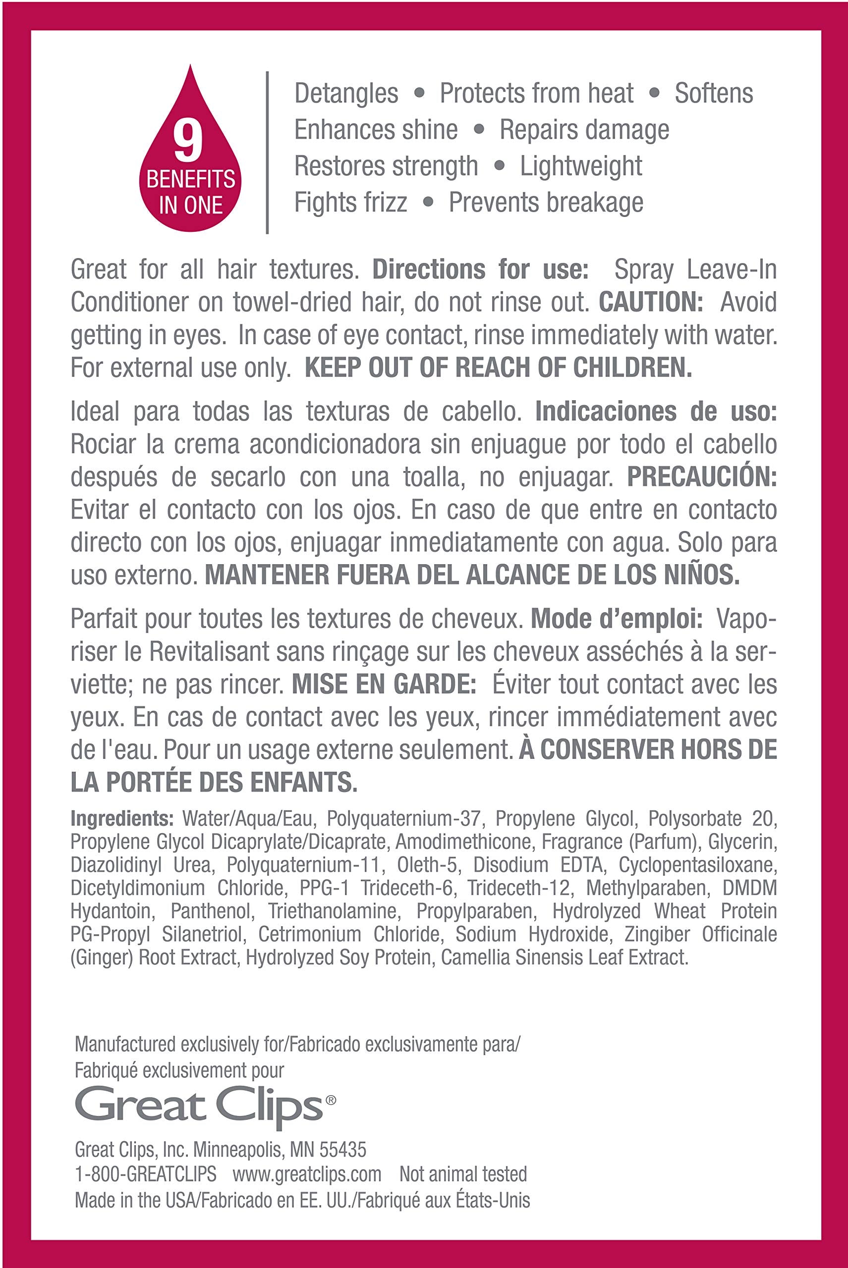 GREAT CLIPS Nourishing Leave-In Conditioner spray action illustrates even coverage on hair.