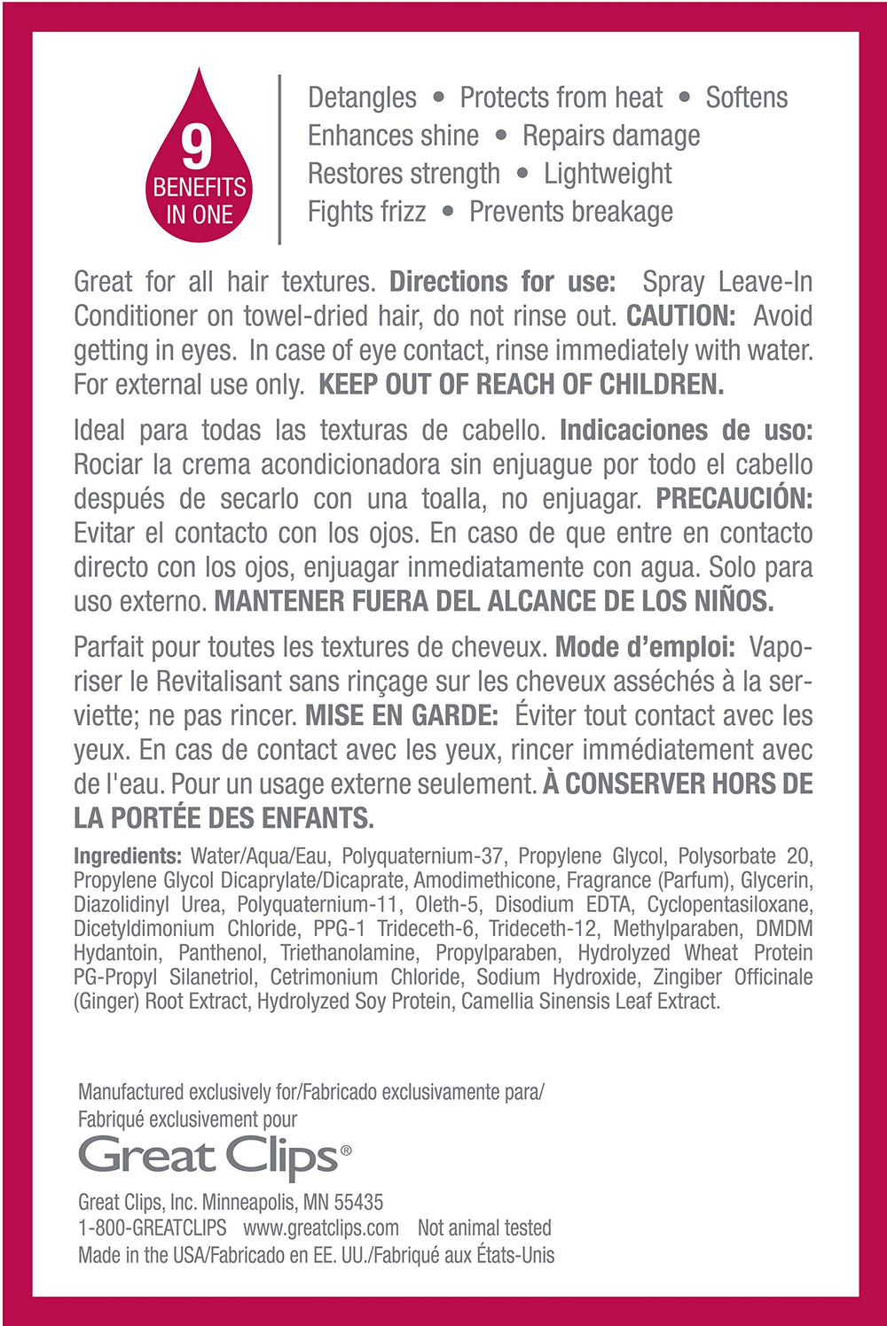 GREAT CLIPS Nourishing Leave-In Conditioner spray action illustrates even coverage on hair.