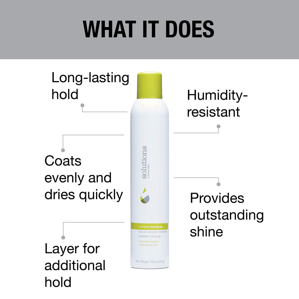 Great Clips Solutions Buildable Hairspray humidity protection keeps styles intact