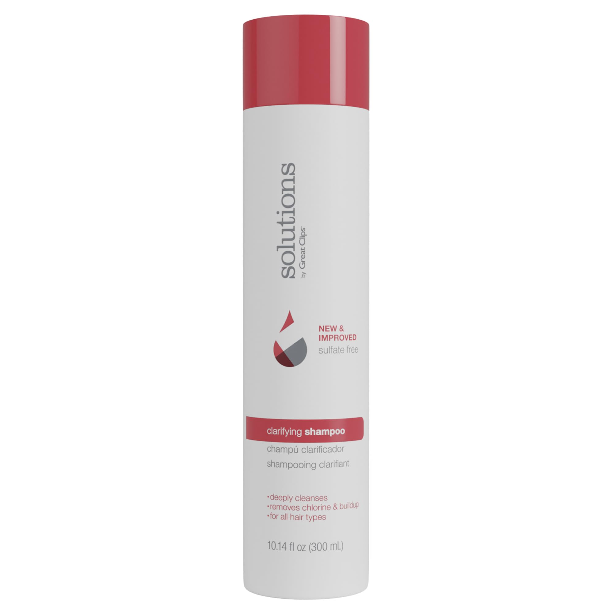 Great Clips Solutions Clarifying Shampoo bottle front showcases clean, refreshing formula for buildup removal.