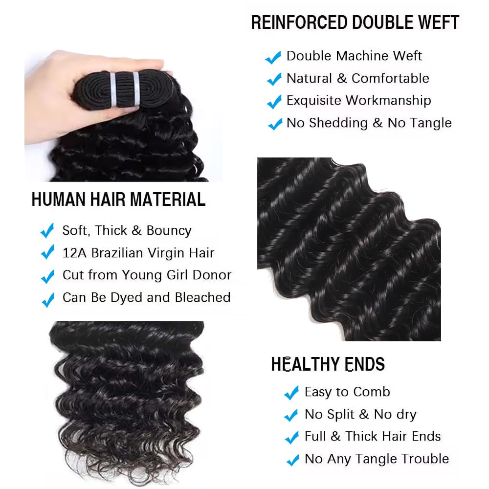 Great Grace 16 inch deep wave bundle on model shows natural black color and fullness.