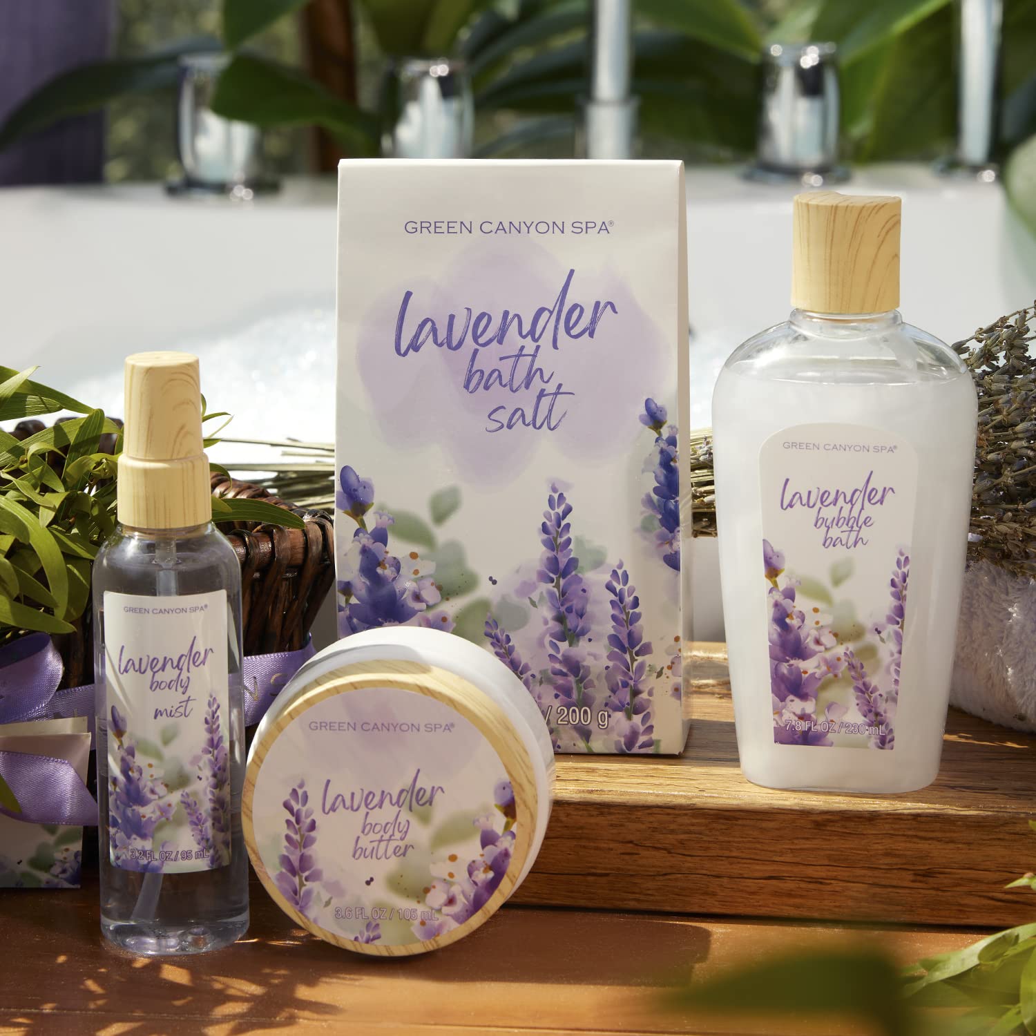 Green Canyon Spa lavender bubble bath bottle creates a relaxing soak experience