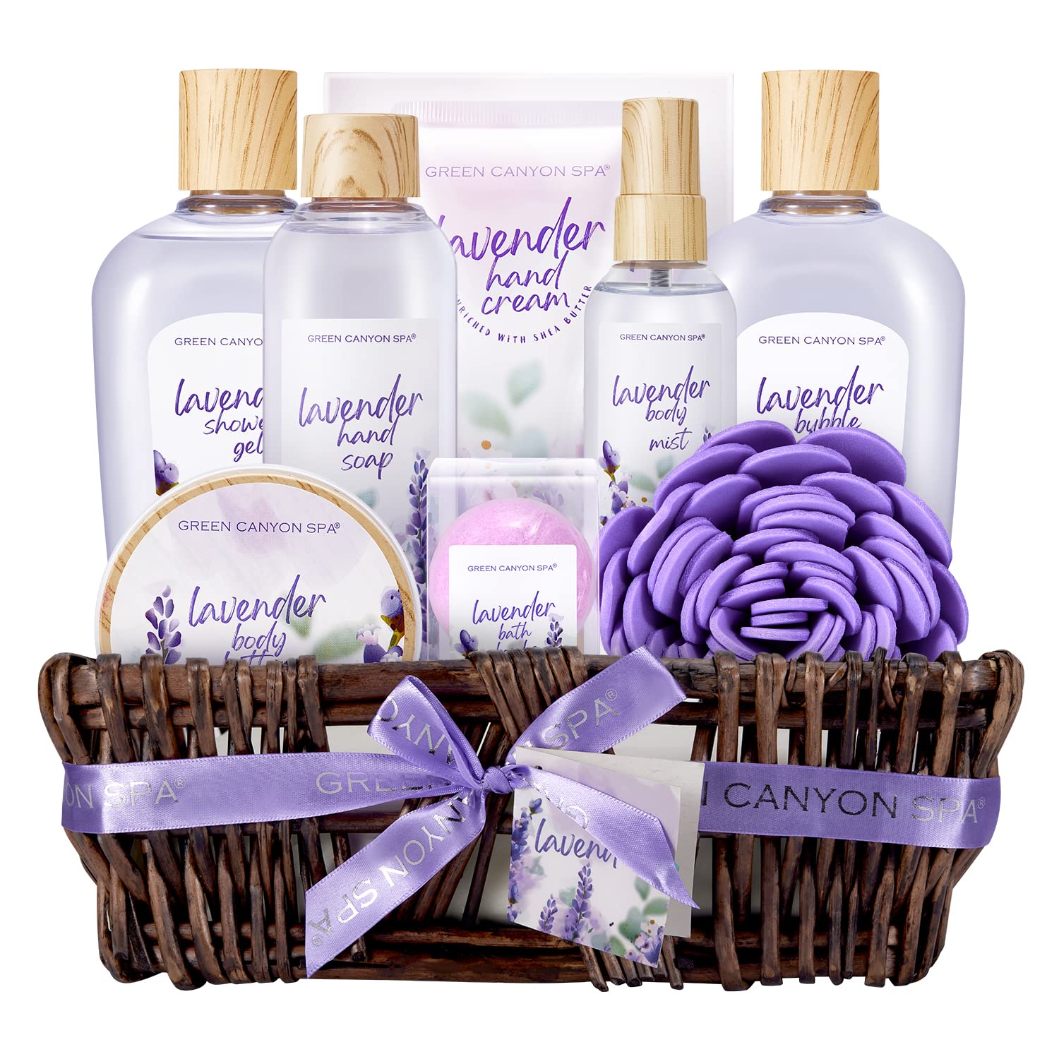 Green Canyon Spa lavender gift basket showcasing nourishing bath set for at home spa moments