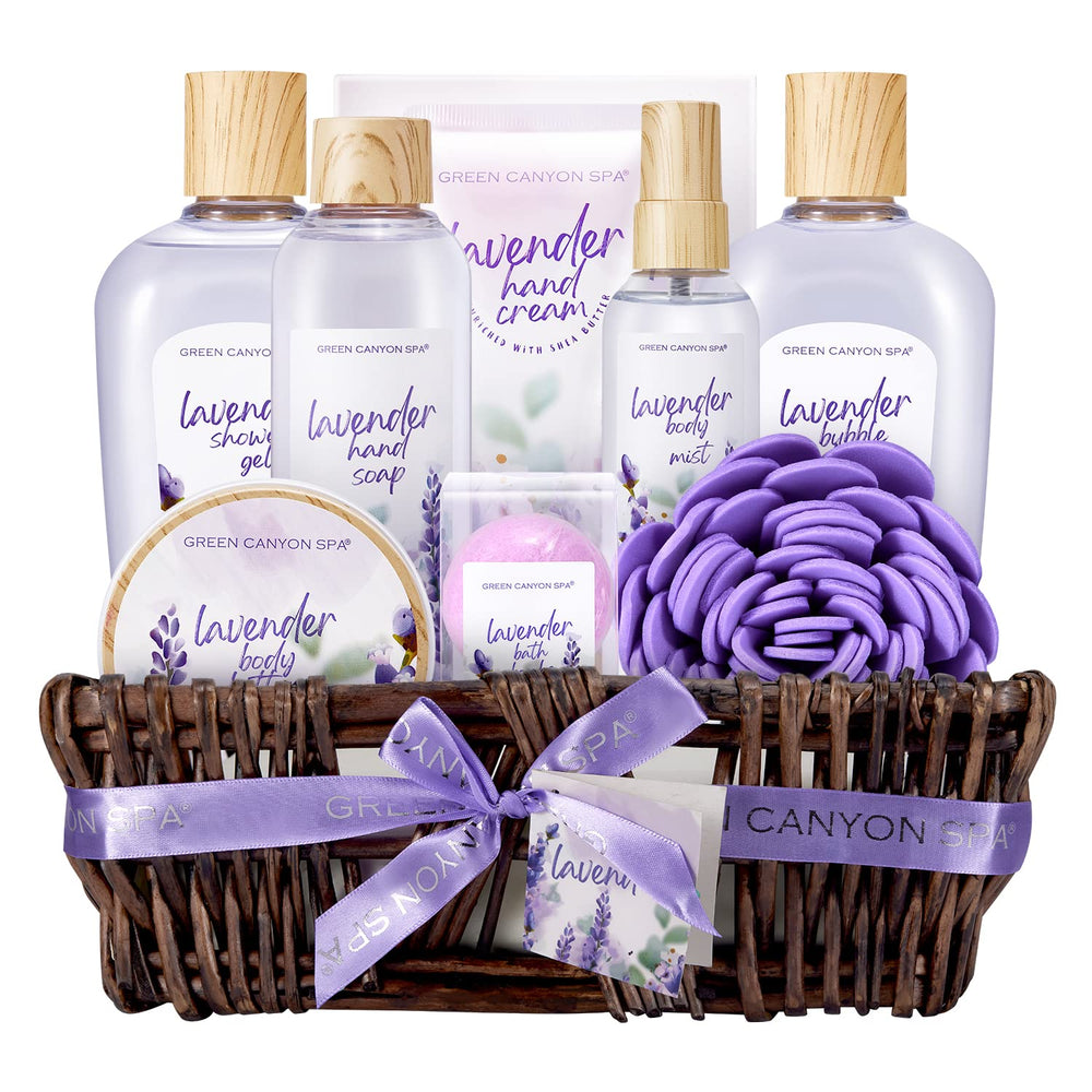 Green Canyon Spa lavender gift basket showcasing nourishing bath set for at home spa moments
