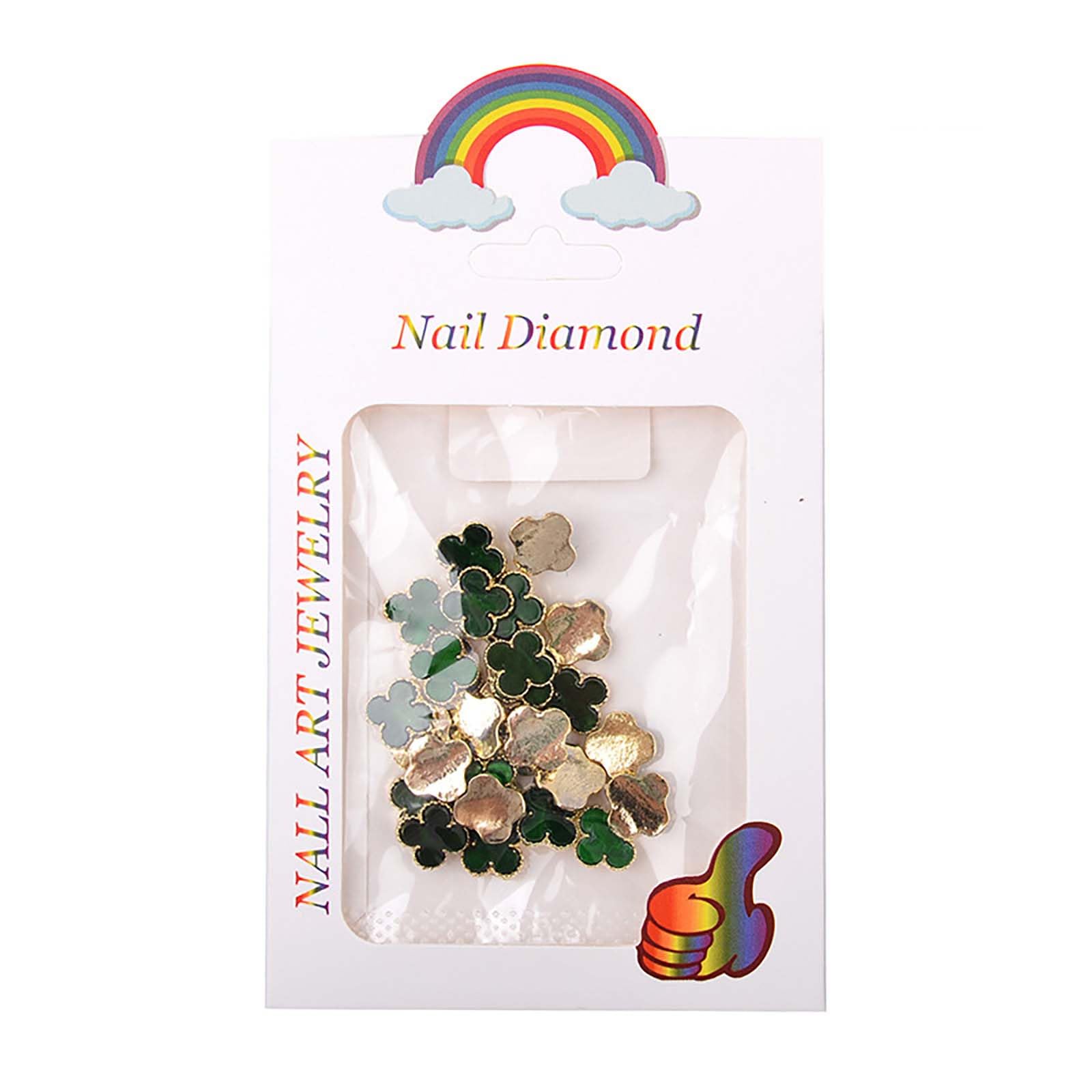 Green Clover nail charms on display with soft lighting for premium manicure ideas.