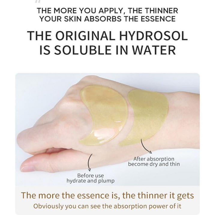 Green Cosmos hydrating eye patch on skin emphasizes moisture and plumpness.