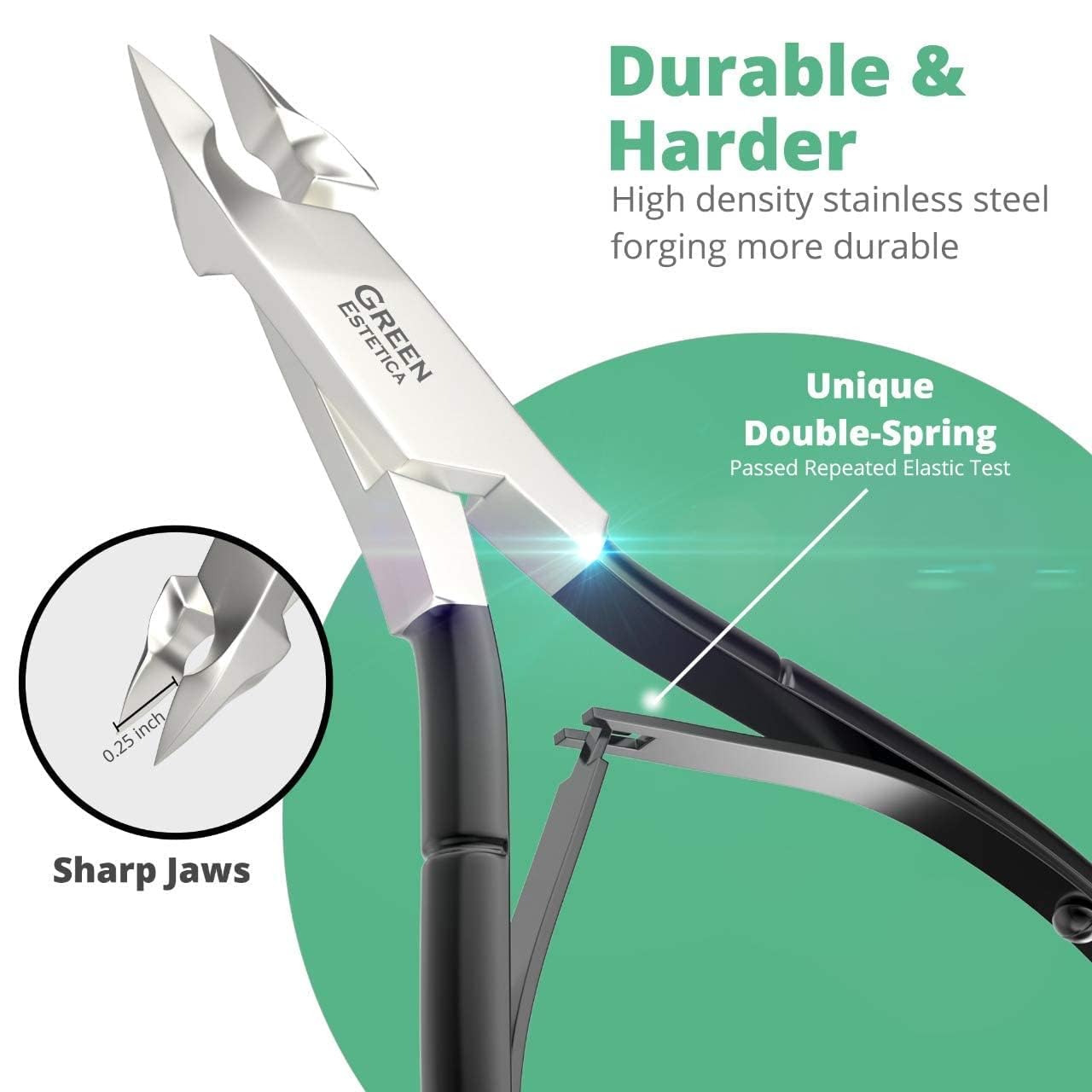 GREEN ESTETICA cuticle trimmer cleaning scene emphasizes easy sterilization and hygiene.