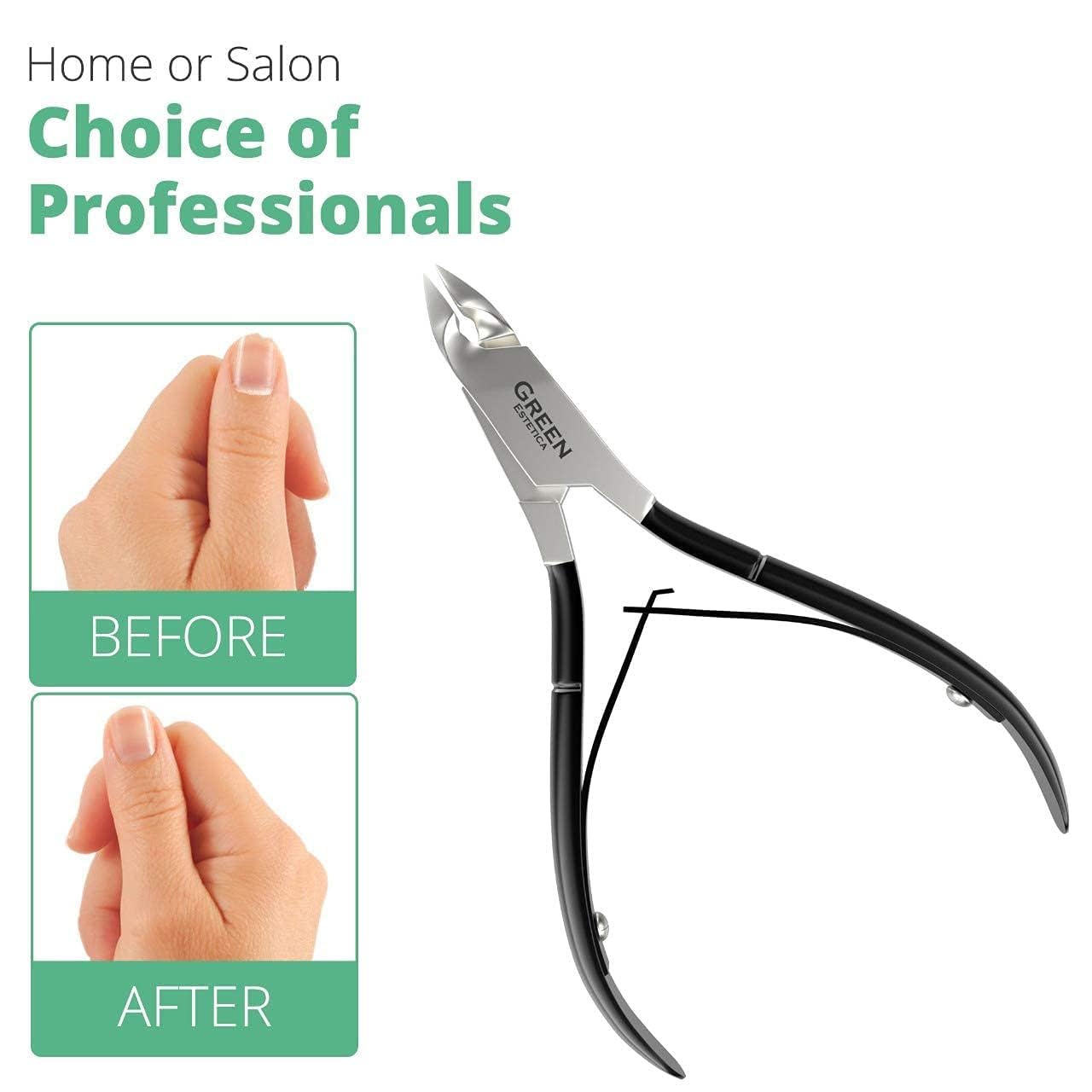 GREEN ESTETICA cuticle trimmer detailed 1/4 jaw blade highlights precise cuticle removal capability.