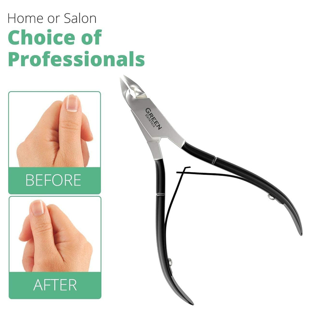 GREEN ESTETICA cuticle trimmer detailed 1/4 jaw blade highlights precise cuticle removal capability.