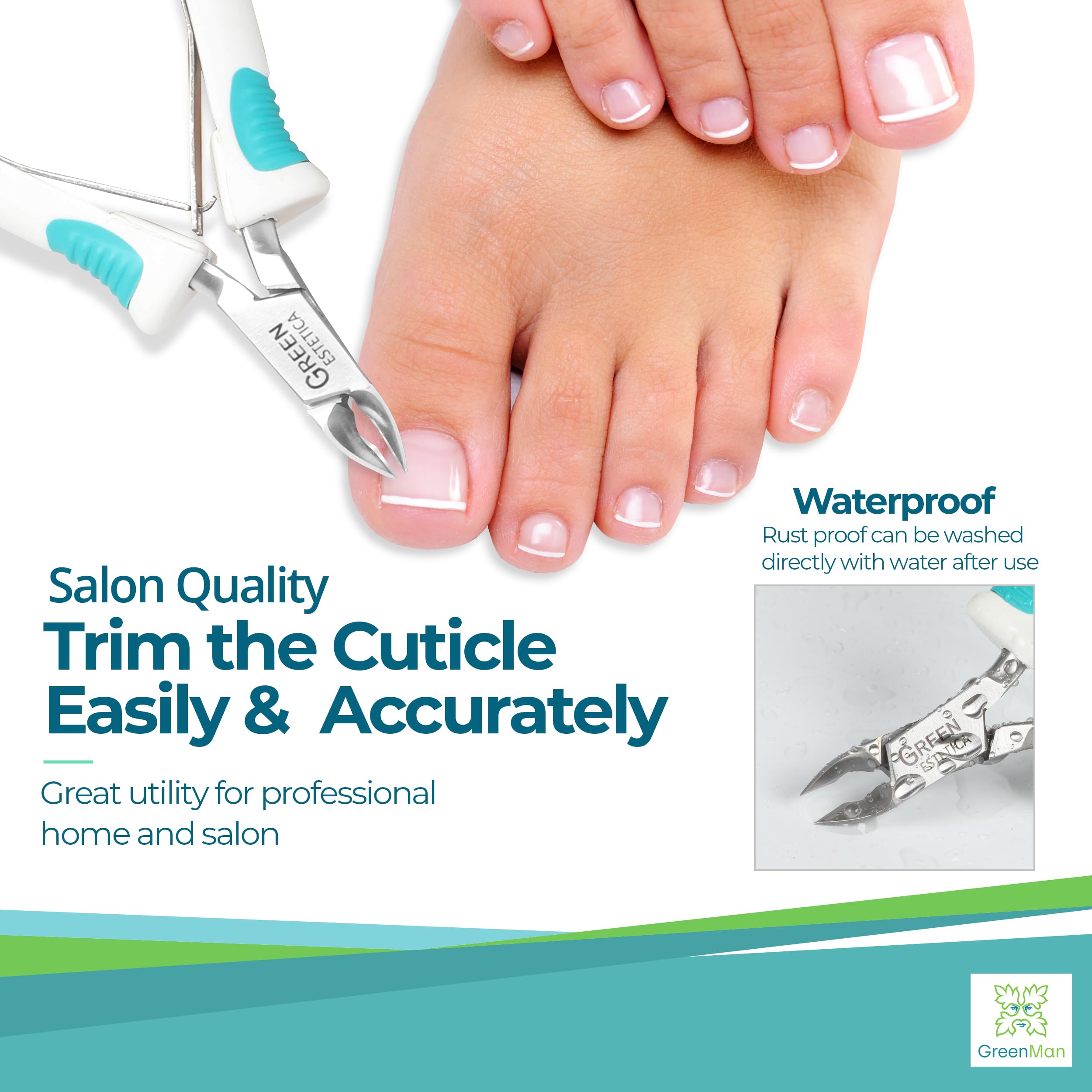Green Estetica cuticle trimmer in hand showing ergonomic design for comfortable grooming