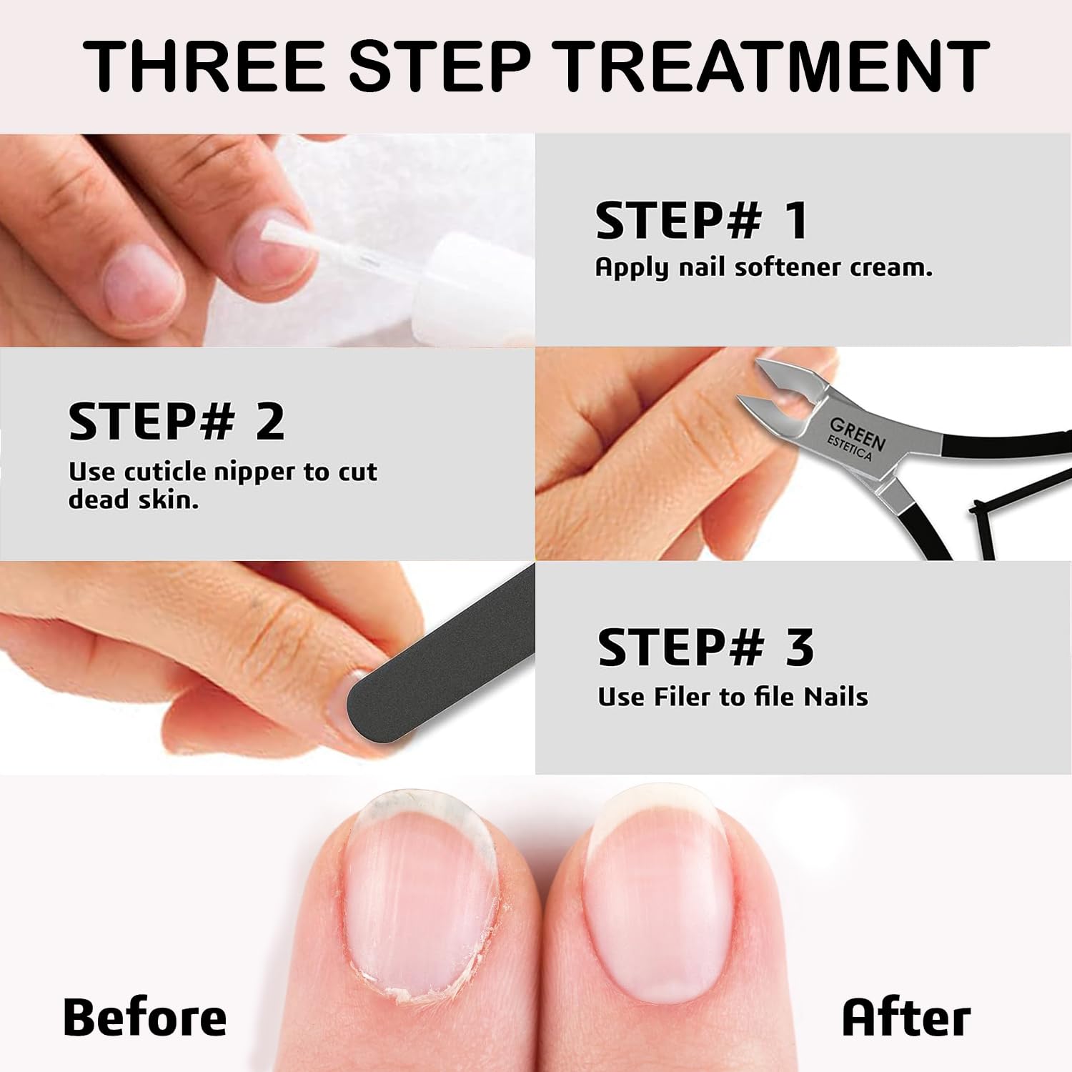 GREEN ESTETICA cuticle trimmer in salon setting illustrating professional-grade nail care tool.