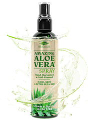 Green Leaf Naturals Aloe Vera Spray bottle demonstrates pure hydration for skin and hair.