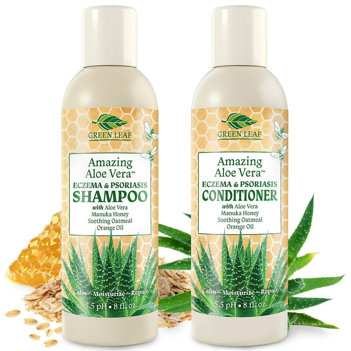 Green Leaf Naturals eczema shampoo bottle with soothing aloe vera for dry scalp relief.