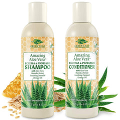 Green Leaf Naturals eczema shampoo bottle with soothing aloe vera for dry scalp relief.