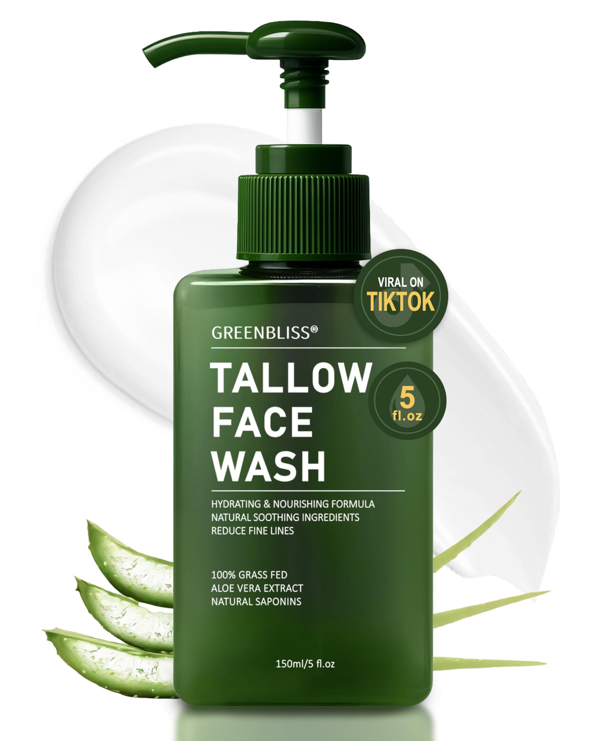 GreenBliss Beef Tallow Face Wash bottle close-up showing gentle cleansing for balanced skin
