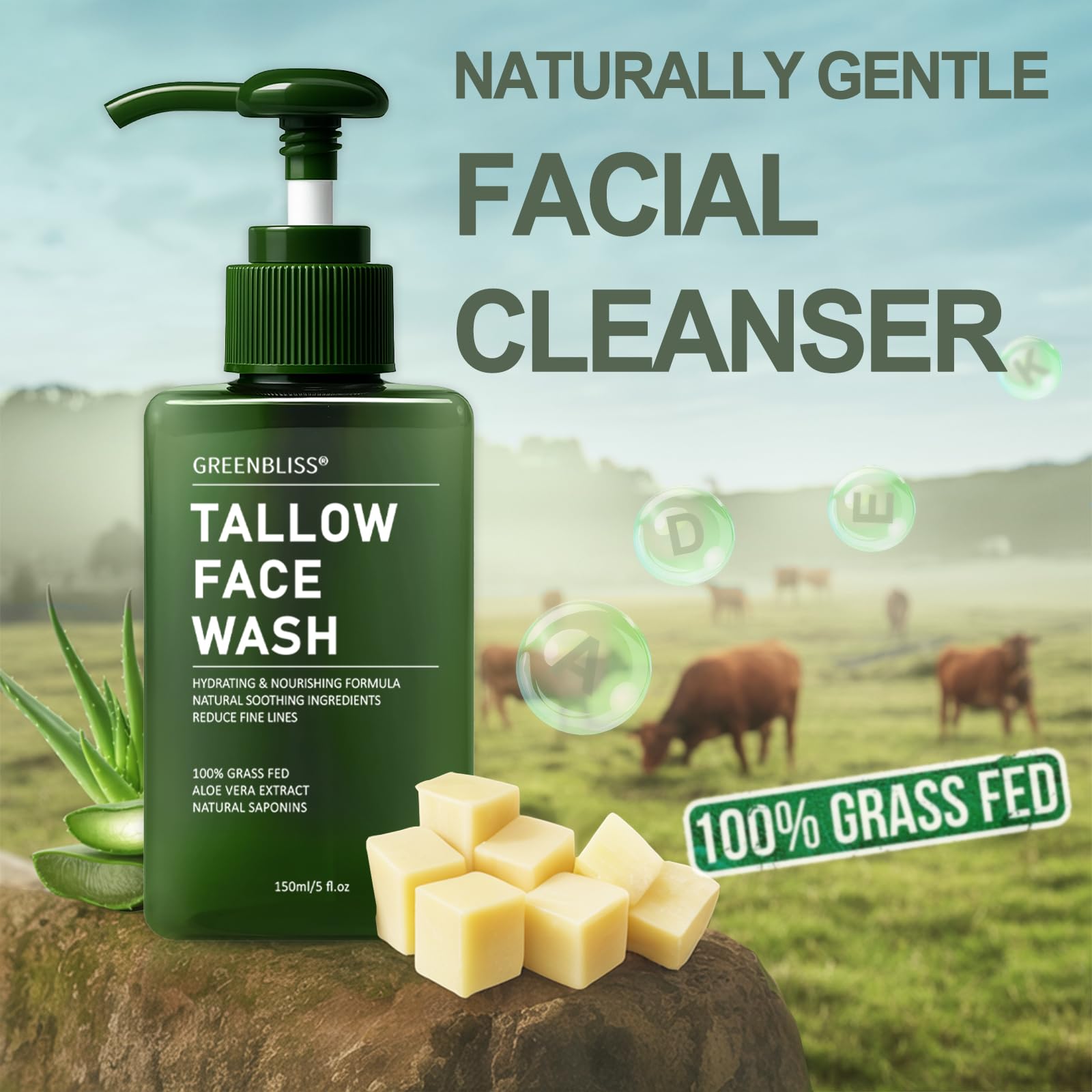 GreenBliss Grass-Fed Tallow Balm jar highlights skin-nourishing ingredients in a cleanser
