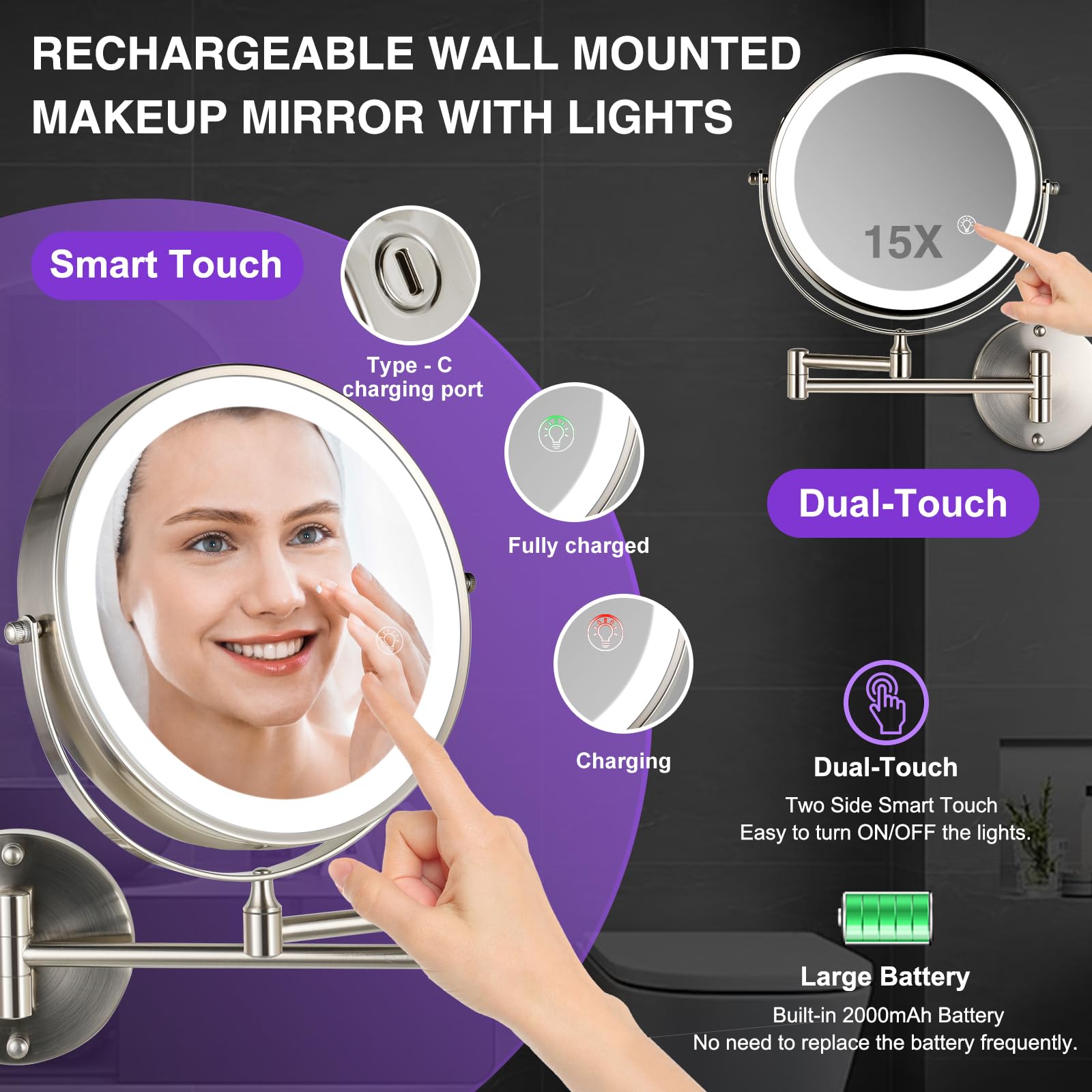 GREENFROM brushed-nickel finish mirror adds sleek style and durability to any bathroom