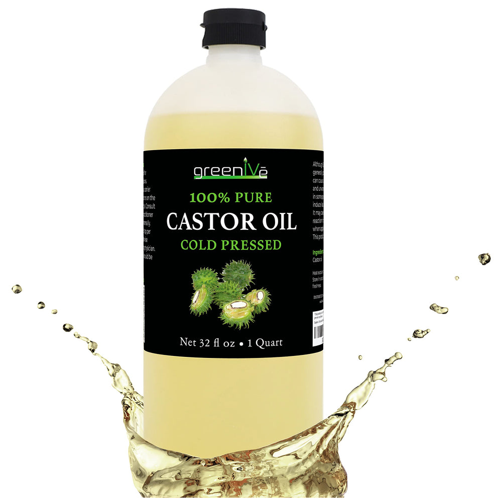 GreenIVe castor oil bottle front 32oz for daily hair and skin care.