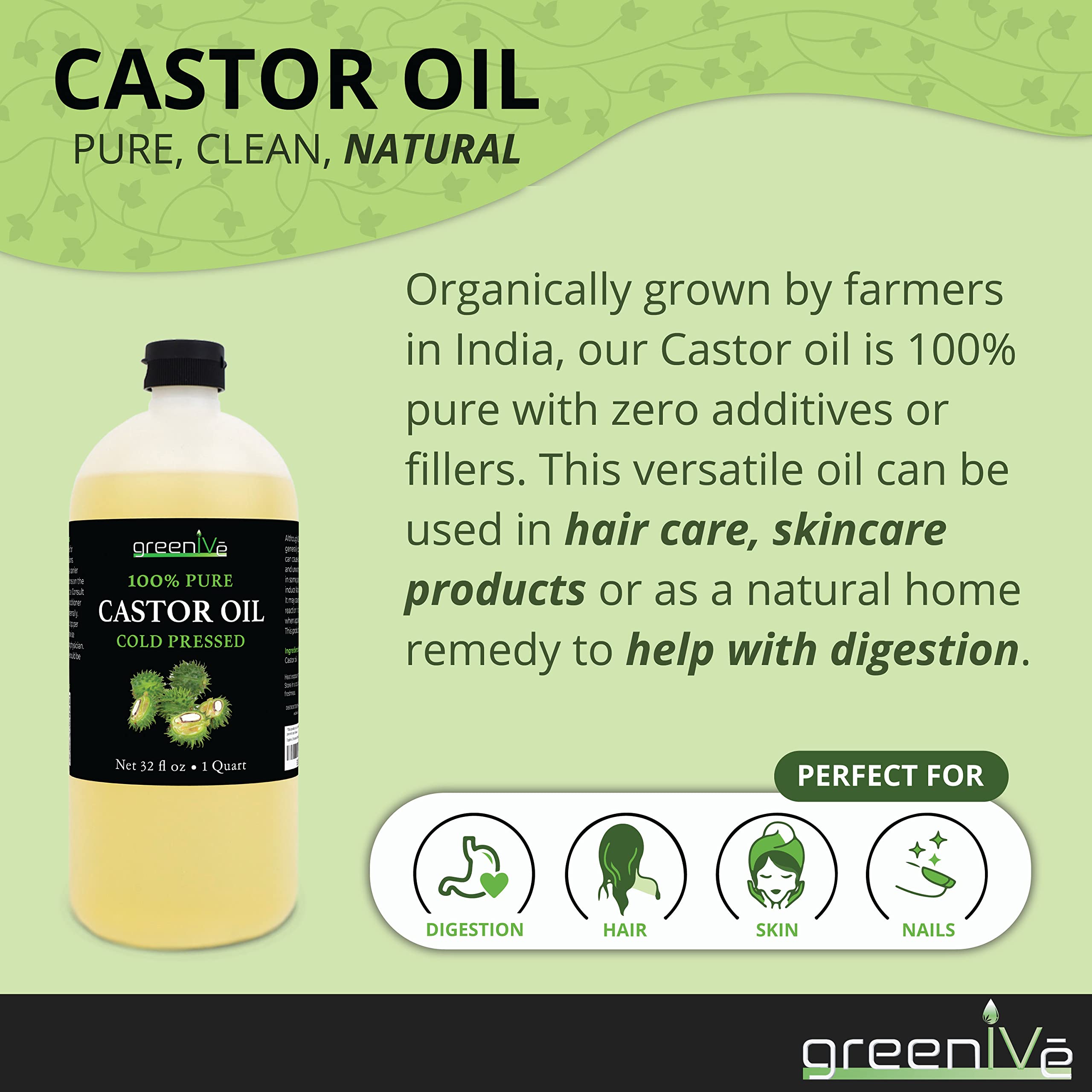 GreenIVe castor oil with eyebrow brush demonstrates targeted brow care.