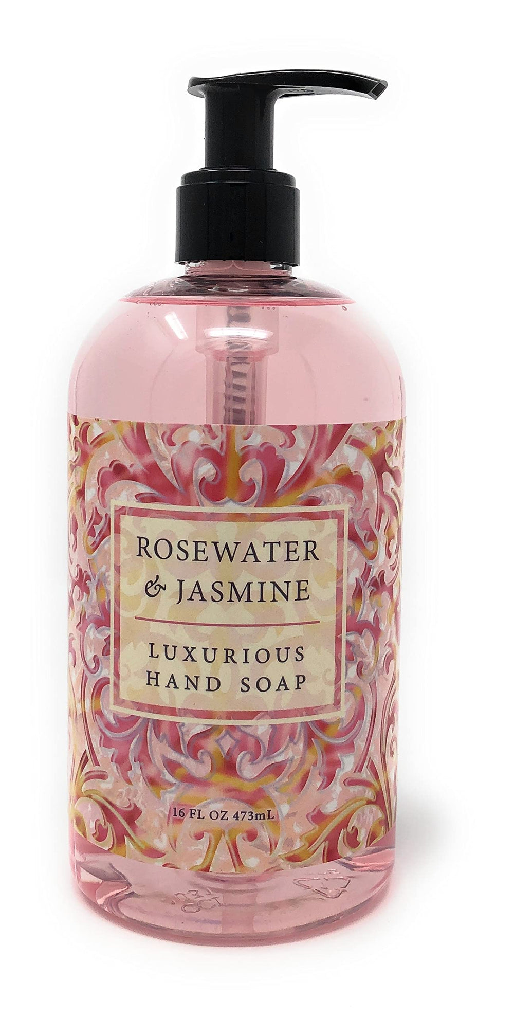 Greenwich Bay Rosewater Jasmine Hand Soap comes in a 16 oz pump bottle for easy use.