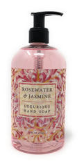 Greenwich Bay Rosewater Jasmine Hand Soap comes in a 16 oz pump bottle for easy use.