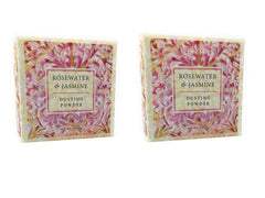 Greenwich Bay dusting powder Rosewater & Jasmine bottle shows a refreshing after-bath scent ritual.