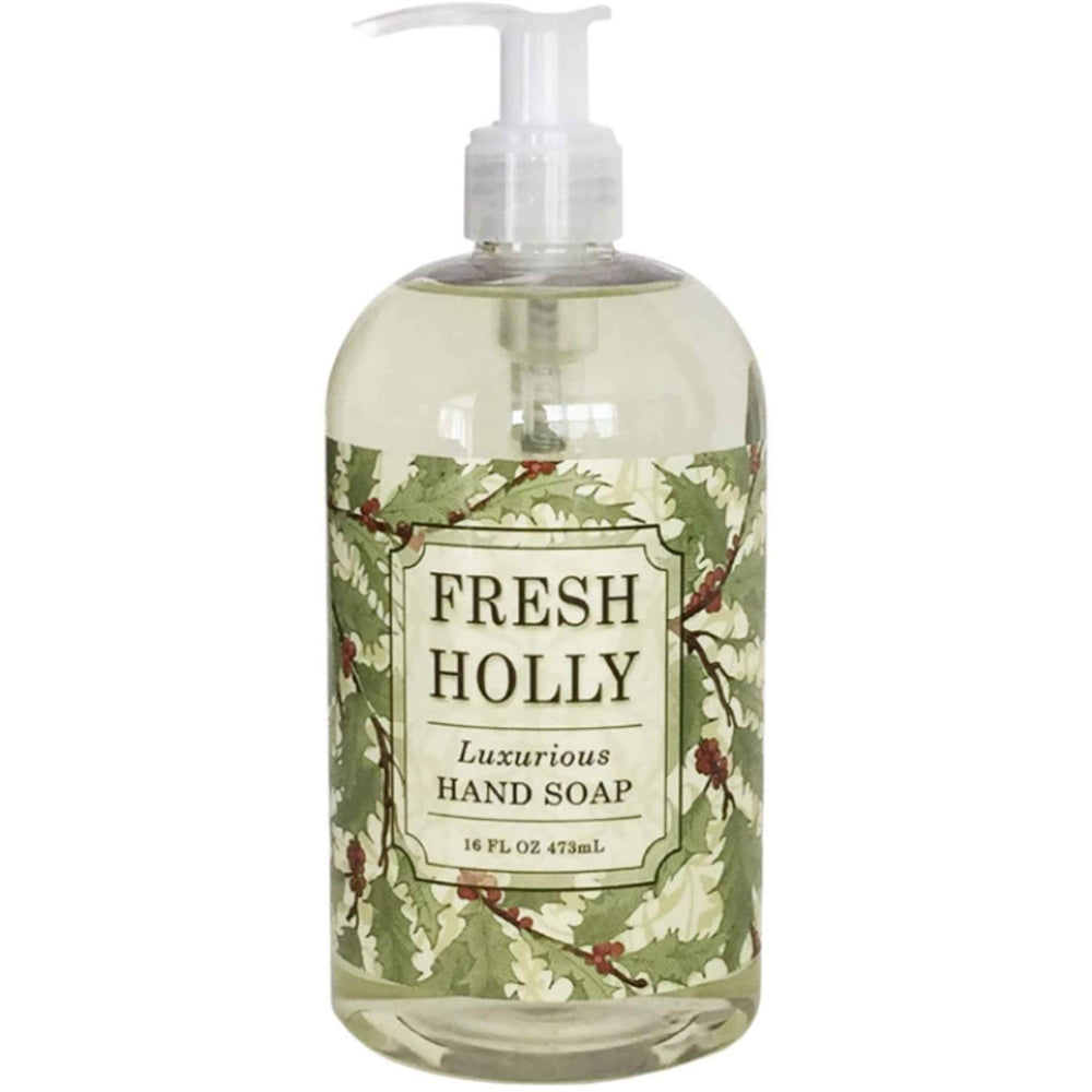 Greenwich Bay Fresh Holly hand soap bottle showcasing shea butter and eucalyptus oil for refreshing cleansing.