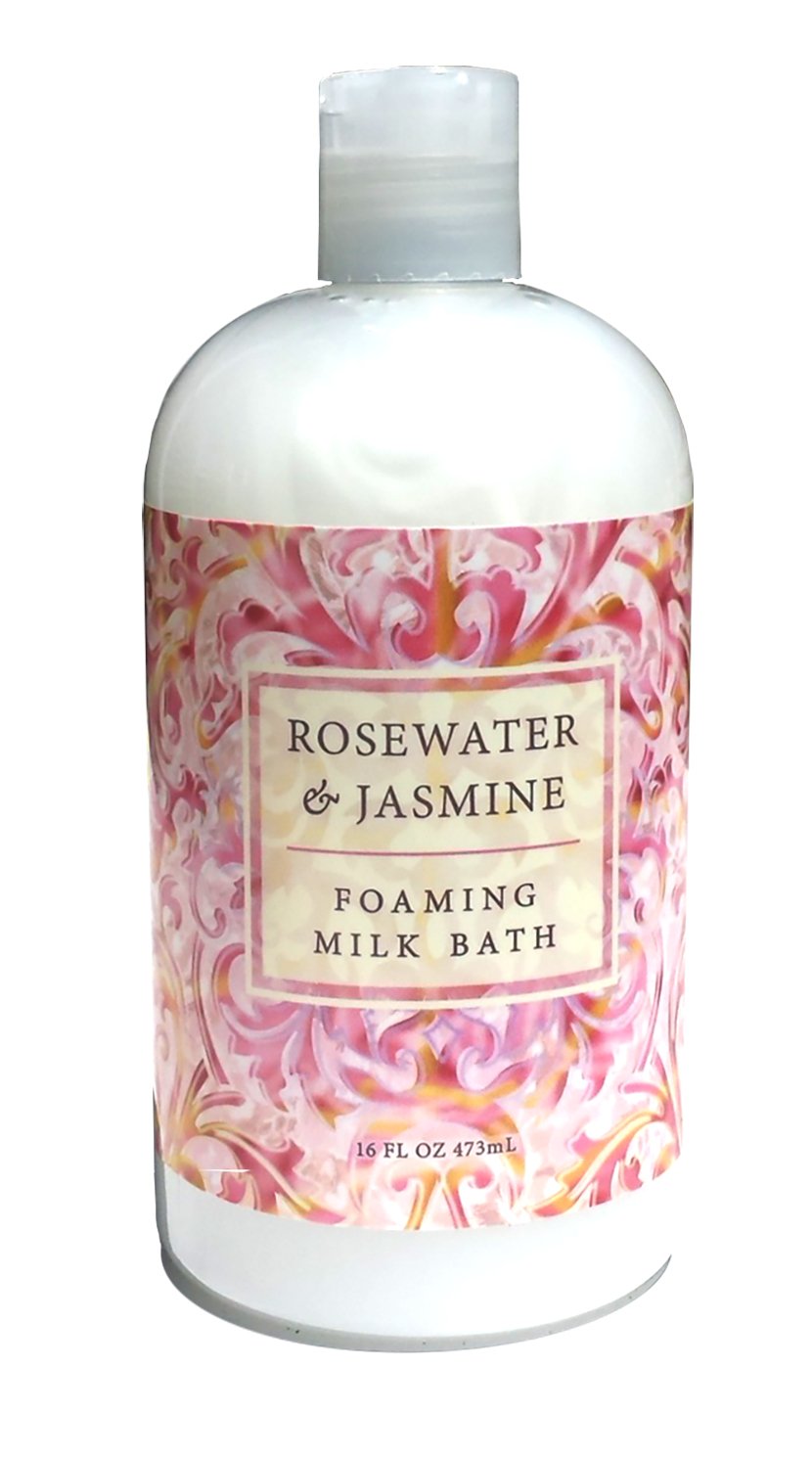 Greenwich Bay Rosewater Jasmine foaming milk bath bottle pour for a relaxing soak.