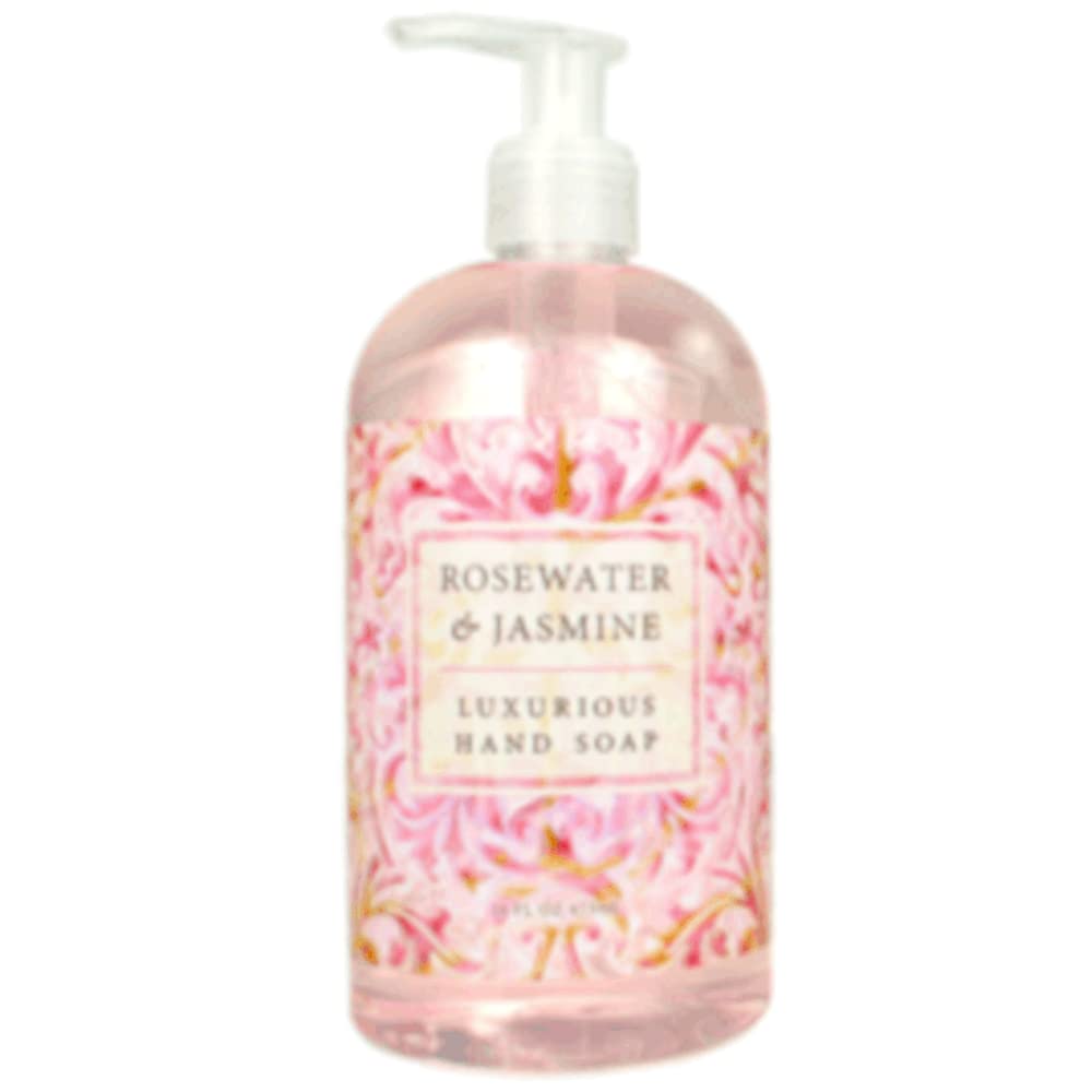 Greenwich Bay Rosewater Jasmine Hand Soap in pump bottle offers refreshing cleanse and spa aroma.