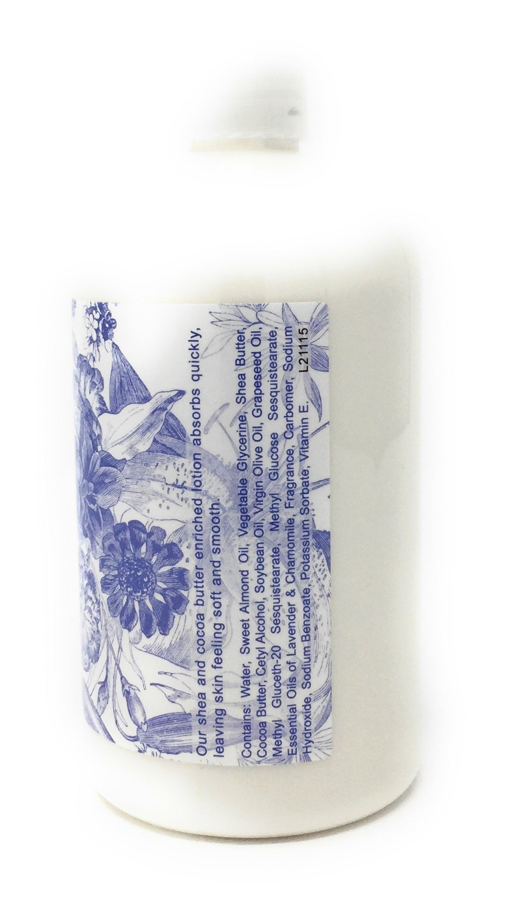 Greenwich Bay Trading Company Shea Butter Lotion Lavender Chamomile label close-up highlights rich moisturizers and ingredients
