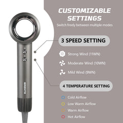 Grente hair dryer with ionic technology reduces frizz and enhances shine.
