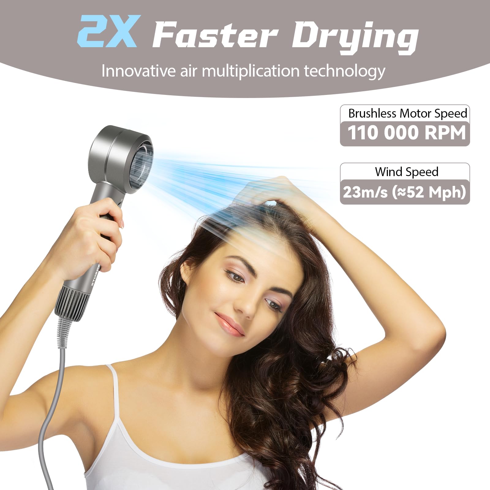 Grente hair dryer with magnetic diffuser attached for easy curl and style.