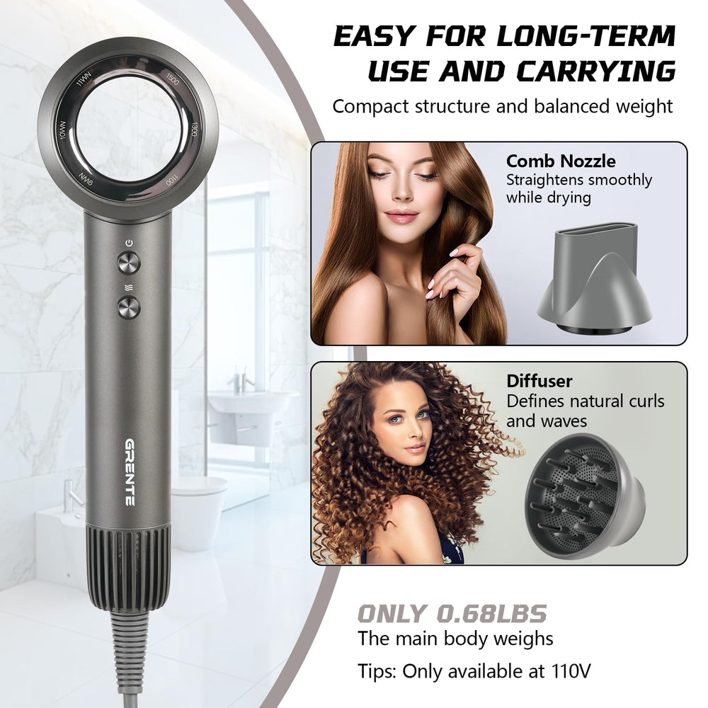 Grente hair dryer safety features include auto shut-off and protective filter.