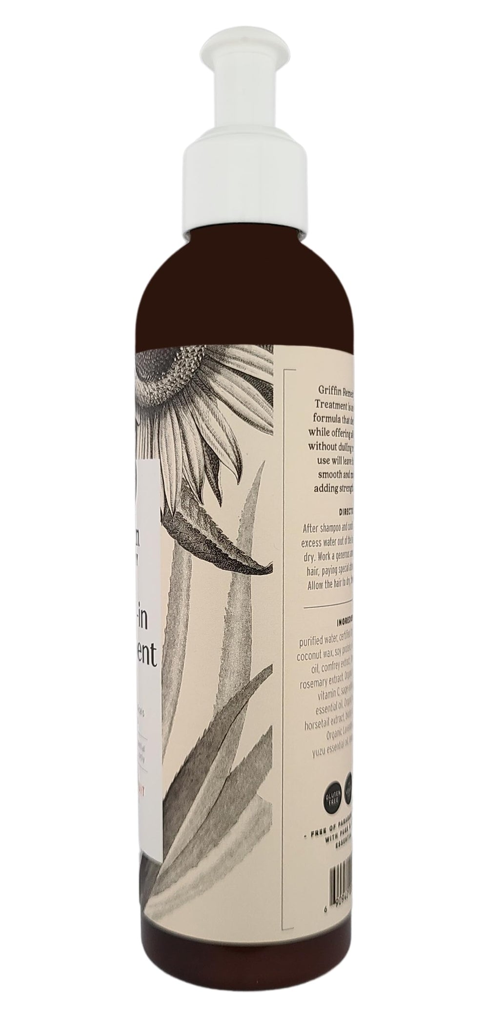 Griffin Remedy leave-in conditioner hair shine close-up shows glossy, healthy strands.