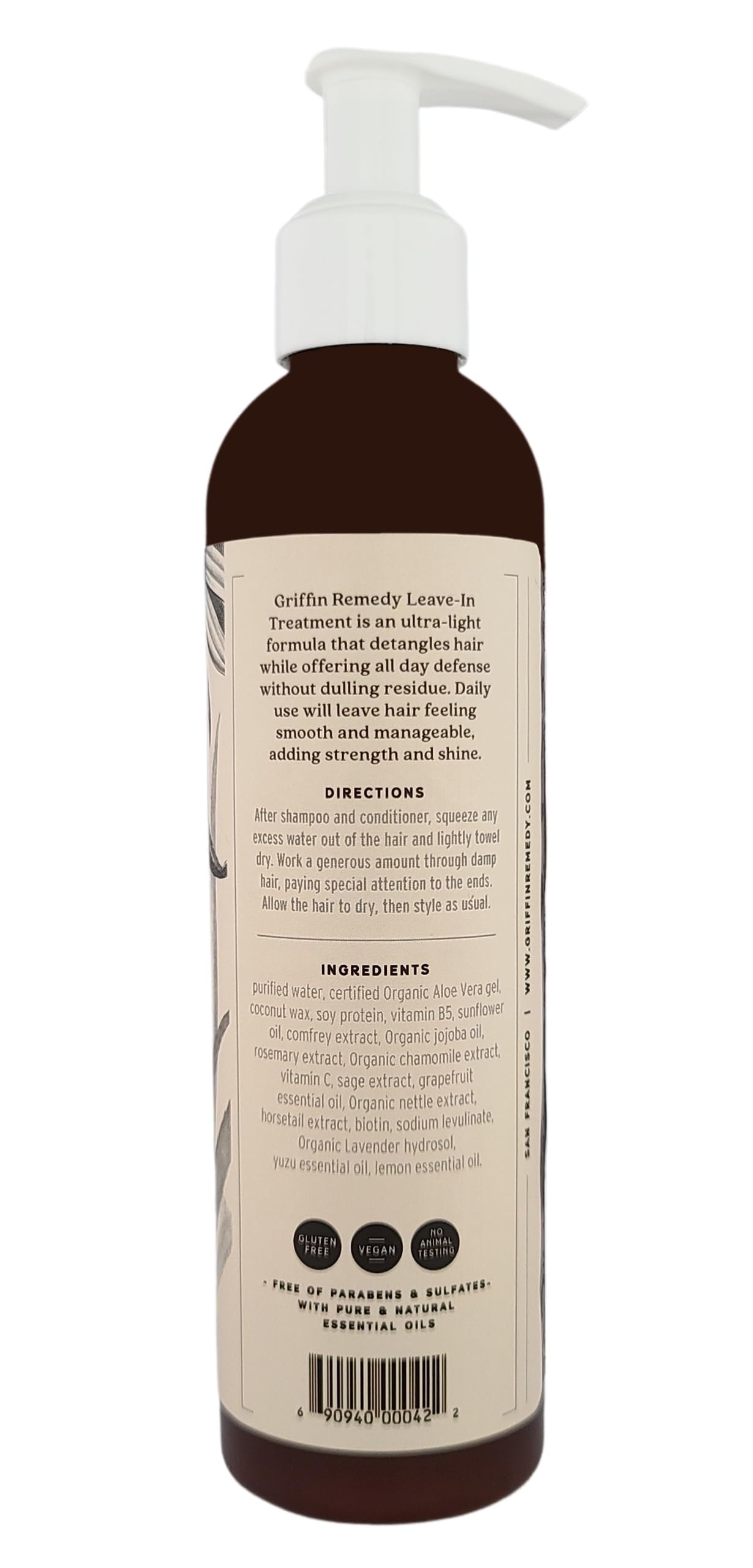 Griffin Remedy leave-in conditioner smooths ends for easy detangling and daily manageability.