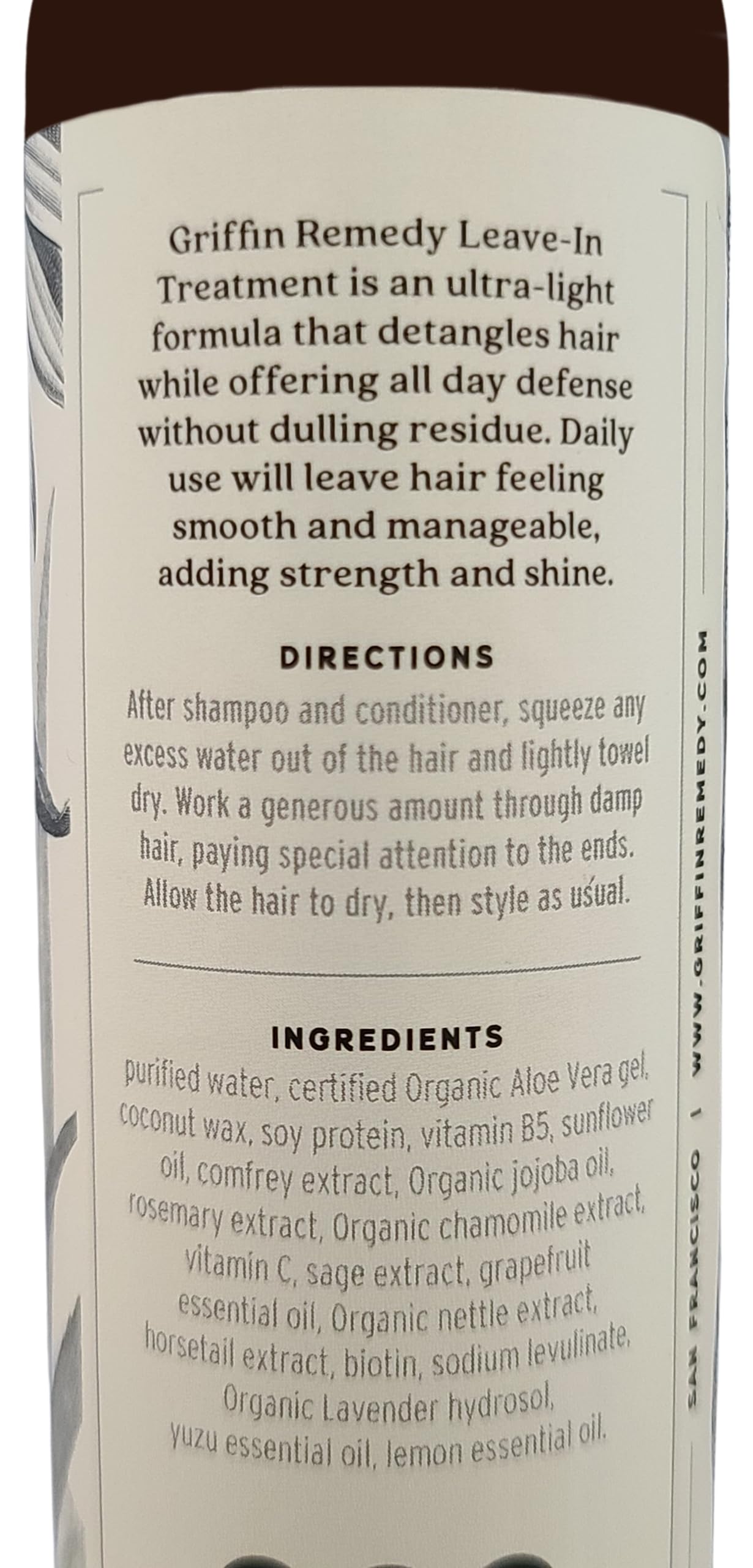 Griffin Remedy leave-in conditioner bottle highlights organic chamomile conditioning for hair and scalp.