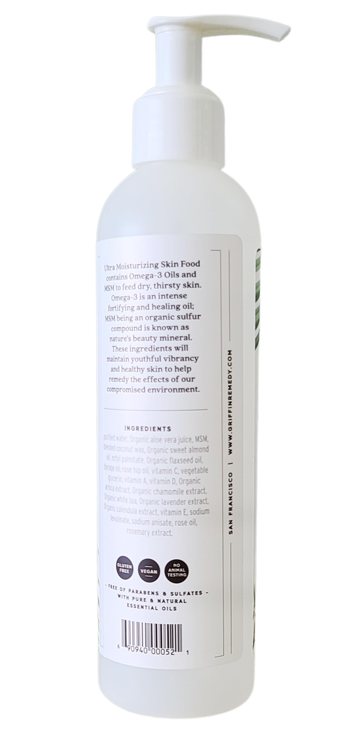 Griffin Remedy Omega-3 Body Lotion label closeup highlights vegan formula.