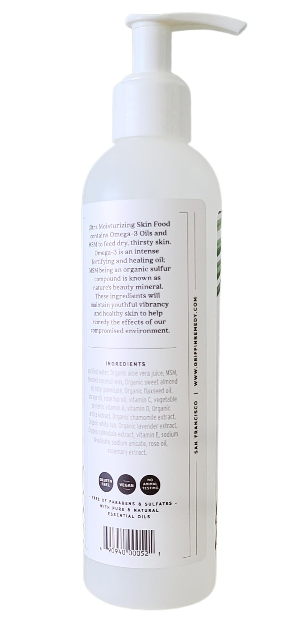 Griffin Remedy Omega-3 Body Lotion label closeup highlights vegan formula.