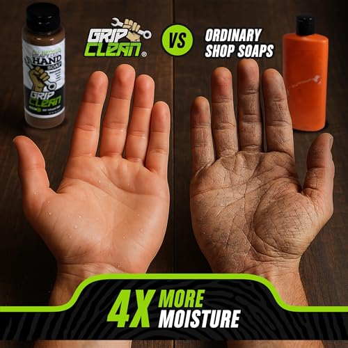 Grip Clean clay-infused technology close-up emphasizes pumice for stubborn grease.