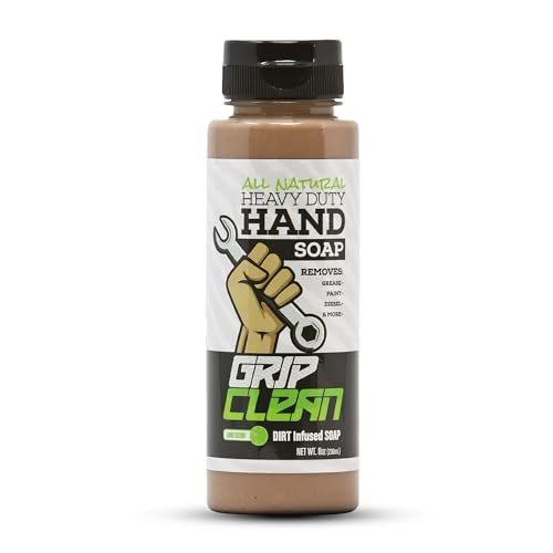 Grip Clean heavy-duty hand cleaner bottle label shows powerful grease removal for mechanics.