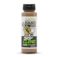 Grip Clean heavy-duty hand cleaner bottle label shows powerful grease removal for mechanics.