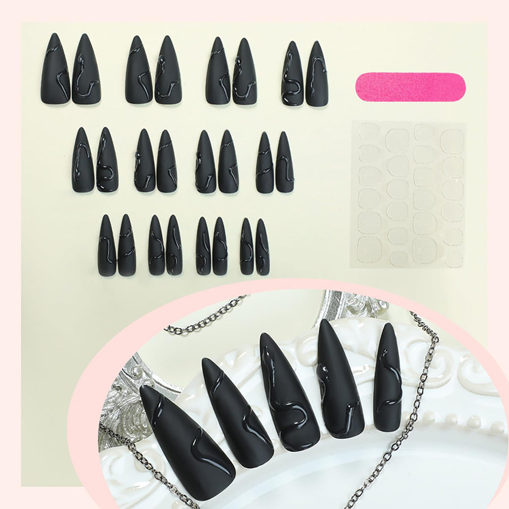 GRITOSE long-stiletto matte black nails with snake design closeup for bold style
