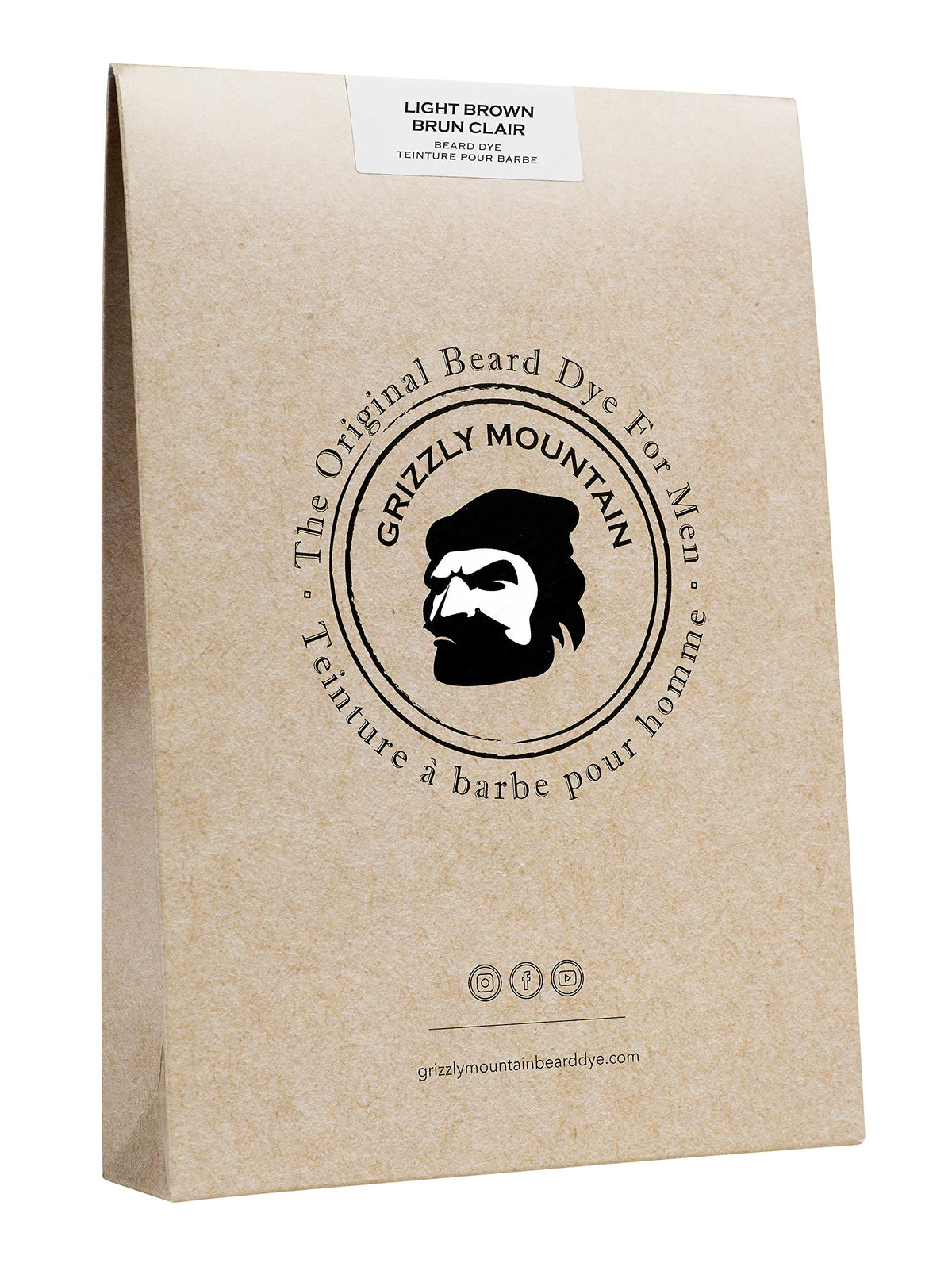 Grizzly Mountain Beard Dye light brown packaging highlights organic, chemical-free formula for natural color.