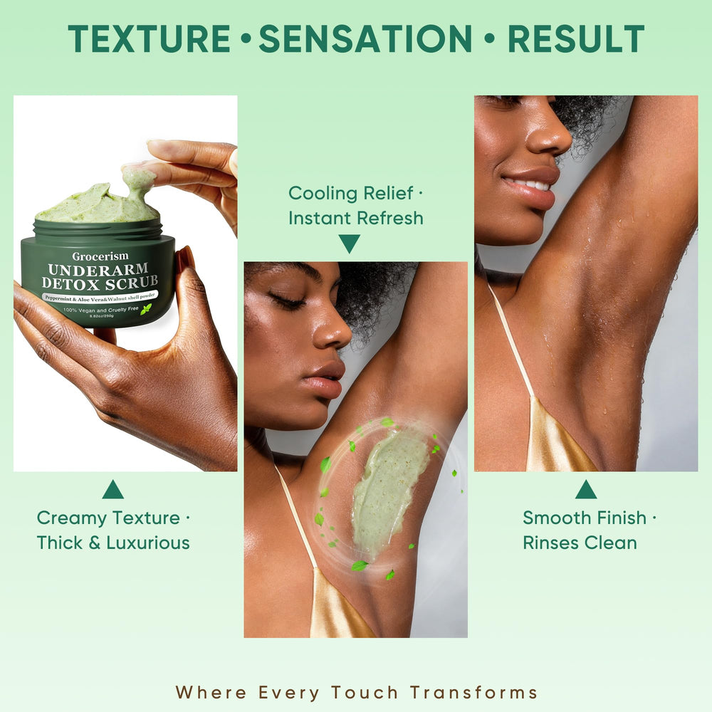Grocerism Armpit Detox Scrub pre-shave prep clears pores for smoother results.