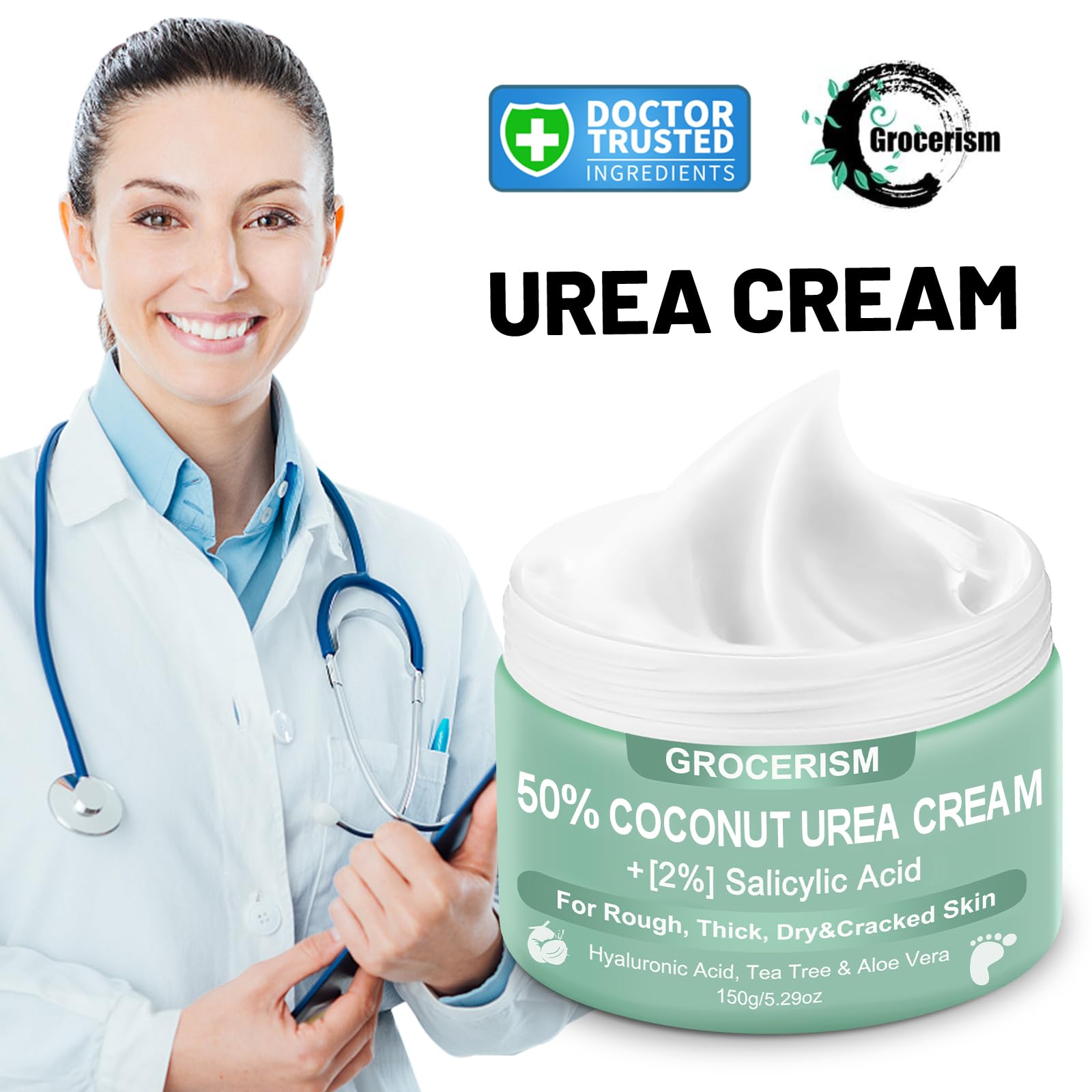 Grocerism Urea Cream coconut ingredients nourish skin with moisture lock.