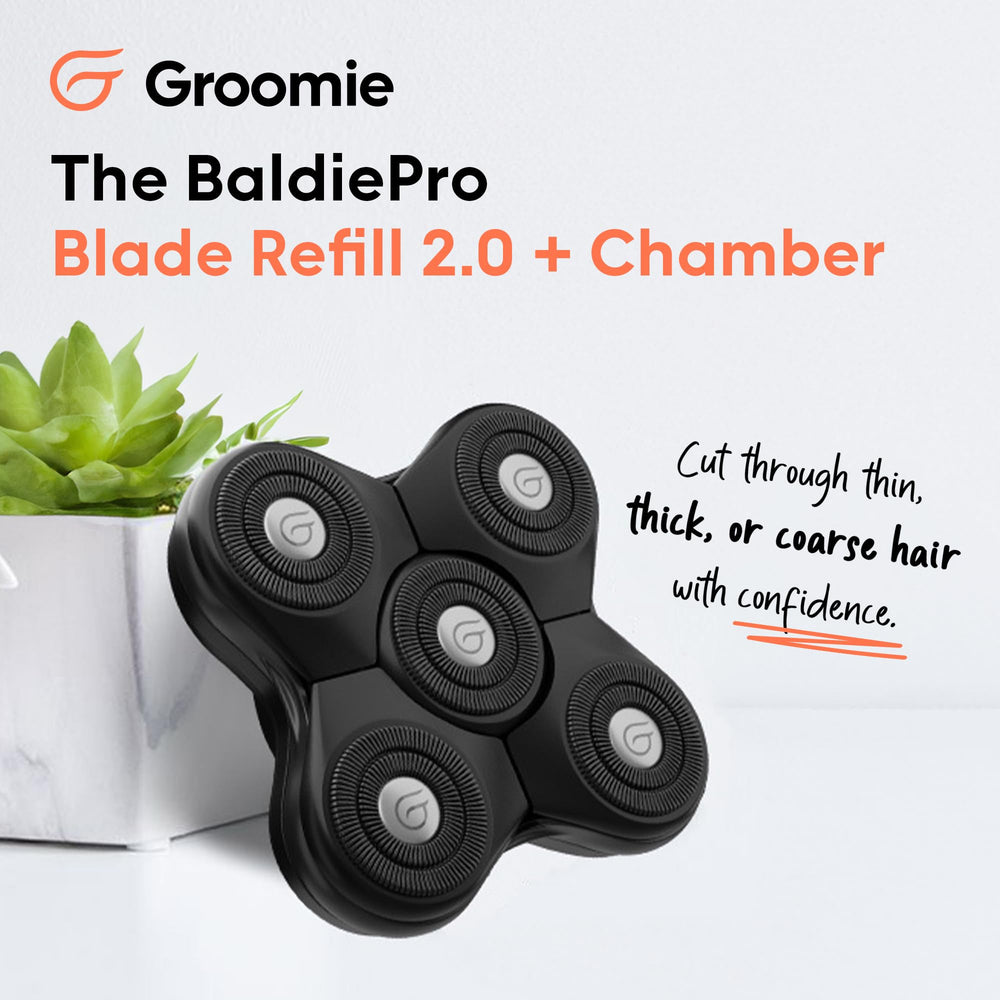 Groomie BaldiePro blade refill pack showing five blades for effortless grooming